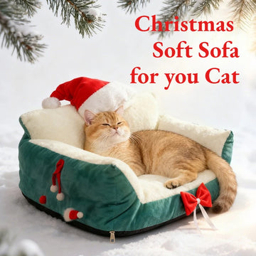 Christmas Cat Bed,Pet Bed with Soft Neck Bolster, Comfort Cat Couch Sofa, Soft PP Cotton Filled, Pets Gift for Christmas