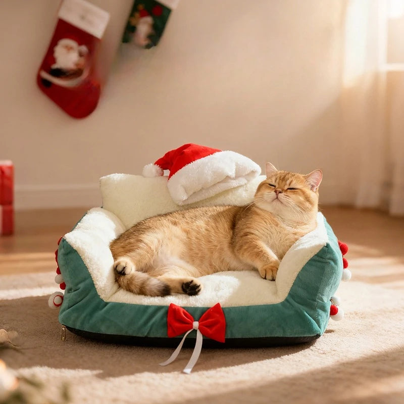 Christmas Cat Bed,Pet Bed with Soft Neck Bolster, Comfort Cat Couch Sofa, Soft PP Cotton Filled, Pets Gift for Christmas