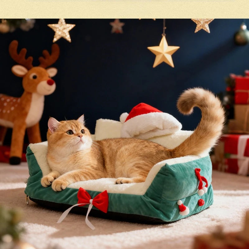 Christmas Cat Bed,Pet Bed with Soft Neck Bolster, Comfort Cat Couch Sofa, Soft PP Cotton Filled, Pets Gift for Christmas